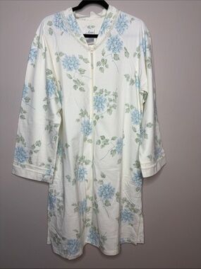 Vintage Aria Floral Full-Zip Duster Robe Housecoat Lace Trim Blue Cream L-XL
